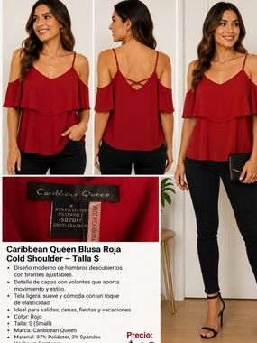 Caribbean Queen Red Cold Shoulder Layered Flowy Top Women’s Size Small